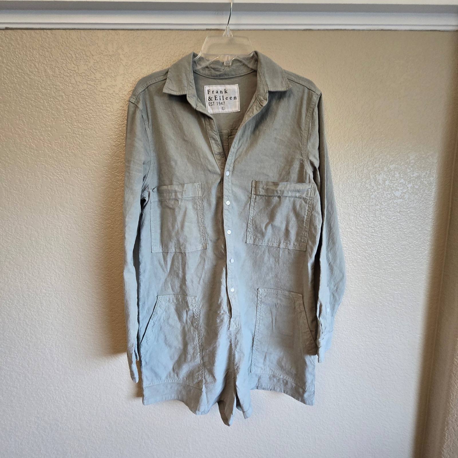 Frank & Eileen Ireland Romper Sage Green Cotton Linen Utility Long Sleeve Large